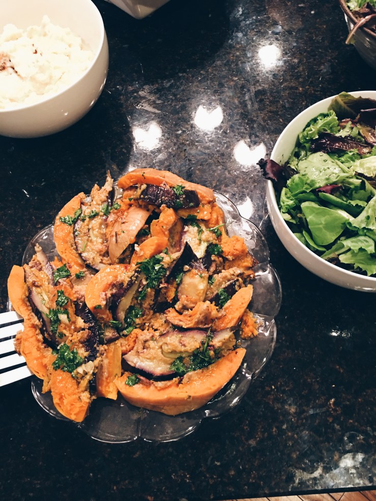 A Thanksgiving VegDucken: a zucchini inside an eggplant inside a butternut squash. It was amazing. I also ate Turkey. 